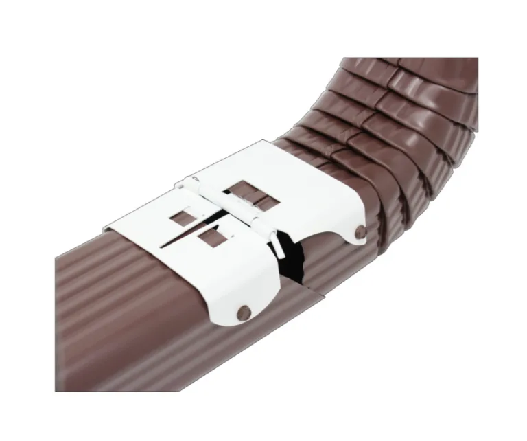 Steel flip hinge with velcro strap on a downspout extension